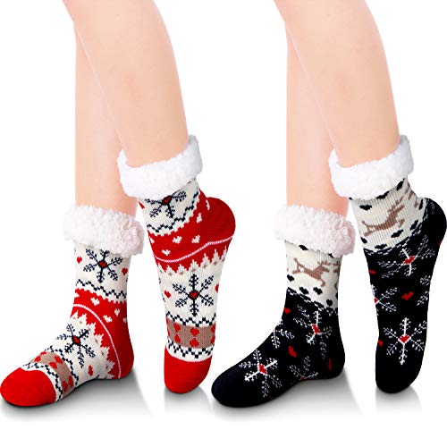 SATINIOR 2 Pairs Christmas Socks Winter Fuzzy Slipper Socks Warm Fuzzy Socks for Women, Multicoloured, Medium