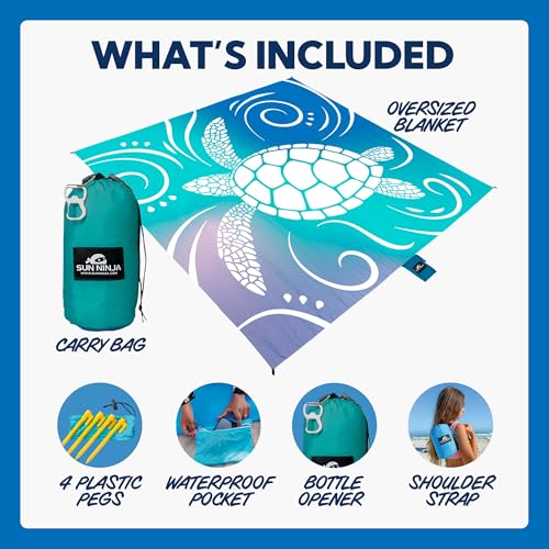 Image of SUN NINJA Sand Free Beach Blanket, Sandproof Beach Mat, 10ft x 9ft, Turtle
