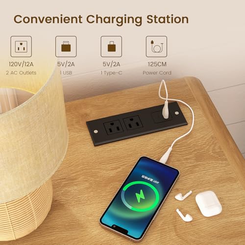 Image of TEENFON Nightstands Set of 2, Night Stand with 3 Storage Drawer and Charging Station, Modern End Tables Wide Night Stands for Bedroom Sofa Couch Home Office, Natural