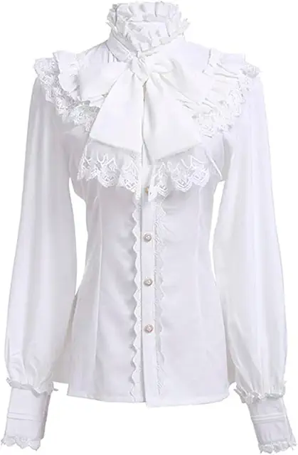 Victorian Gothic Blouse with Detachable Bow Collar and Lotus Ruffles