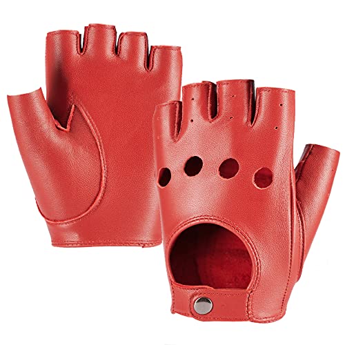 Damen Fingerlose Schaffell Autofahrer Lederhandschuhe Rock Punk Handschuhe,Rot,L
