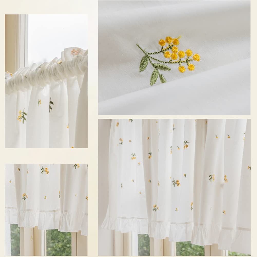Rideau brodé de Fleurs françaises avec Volants, Rideau Court de Cuisine en Coton Rustique pour Salle de Bain, bistrot, Demi-Rideau pour Petites fenêtres (Color : Jaune, Size : WxH 135x140cm/53x55in