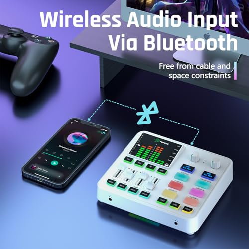 Image of PUPGSIS Gaming Audio Mixer, Audio Interface for PC /Podcast /Streaming, Sound Board with 3.5mm /XLR Mic Input, 48V Phantom Power, Voice Changer, Live Sound Card with DJ Mixer Effects /Bluetooth(White)