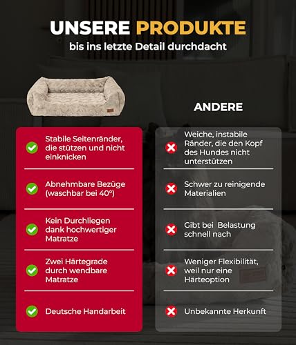 HS-Hundebett® Kuschelbett Deluxe Exklusiv S (60x75 cm) – Orthopädisches Hundebett mit Memory Foam & Anti-Rutsch – Waschbar – Sand – Made in DE