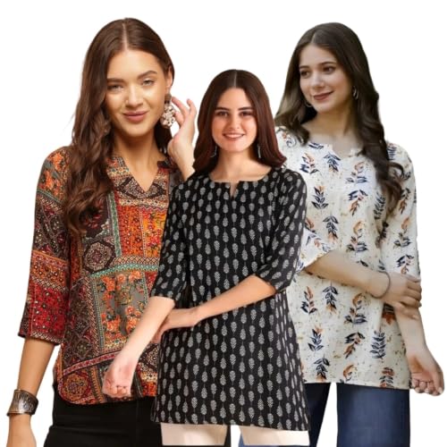Image of Women's Printed Short Kurti Tops Rayon Cotton Blend Tunic Combo