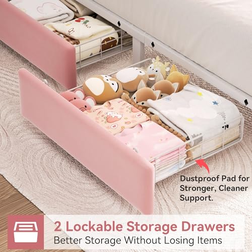 Image of Twin Upholstered LED Bed Frame with 2 Storage Drawers and 2-Tier Storage Bookcase Headboard, Velvet Princess Platform Bed for Kids /Girls /Boys, Heavy Duty Metal Support, No Box Spring Needed, Pink