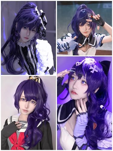 Image of Long Curly Purple Ponytail Anime Wig with Bangs 23.6'' Dark Purple Wigs | Deep Purple Pigtail Wig Synthetic Hair for Women Halloween Costume Party