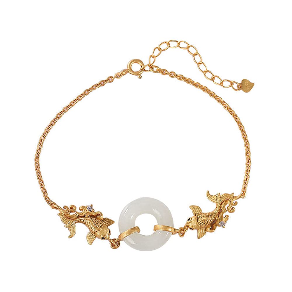 Girls Accessories Bracciale in Argento Sterling 925 Vintage per Donna Semplice Giada placcata Oro Doppio Pesce Carpa Fibbia sicura Gioielli Classici Fascino Spiaggia Estiva Birthday Gift