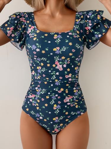 Image of Eomenie Women's Tummy Control One Piece Swimsuit Ruffle Square Neck Bathing Suit Ruched Cutout Back Slimming Swimwear