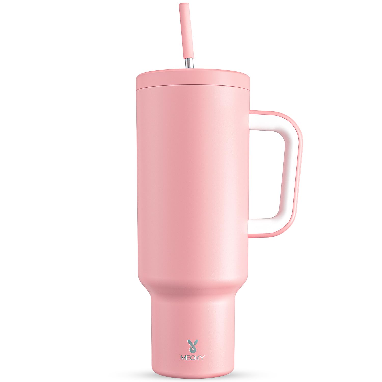 Meoky 50 oz Tumbler with Handle, Tumbler with Lid and Straw, Insulated Stainless Steel Travel Mug, 100% Leak-proof, Keeps Cold for 36 Hours or Hot for 12 Hours (Blush)