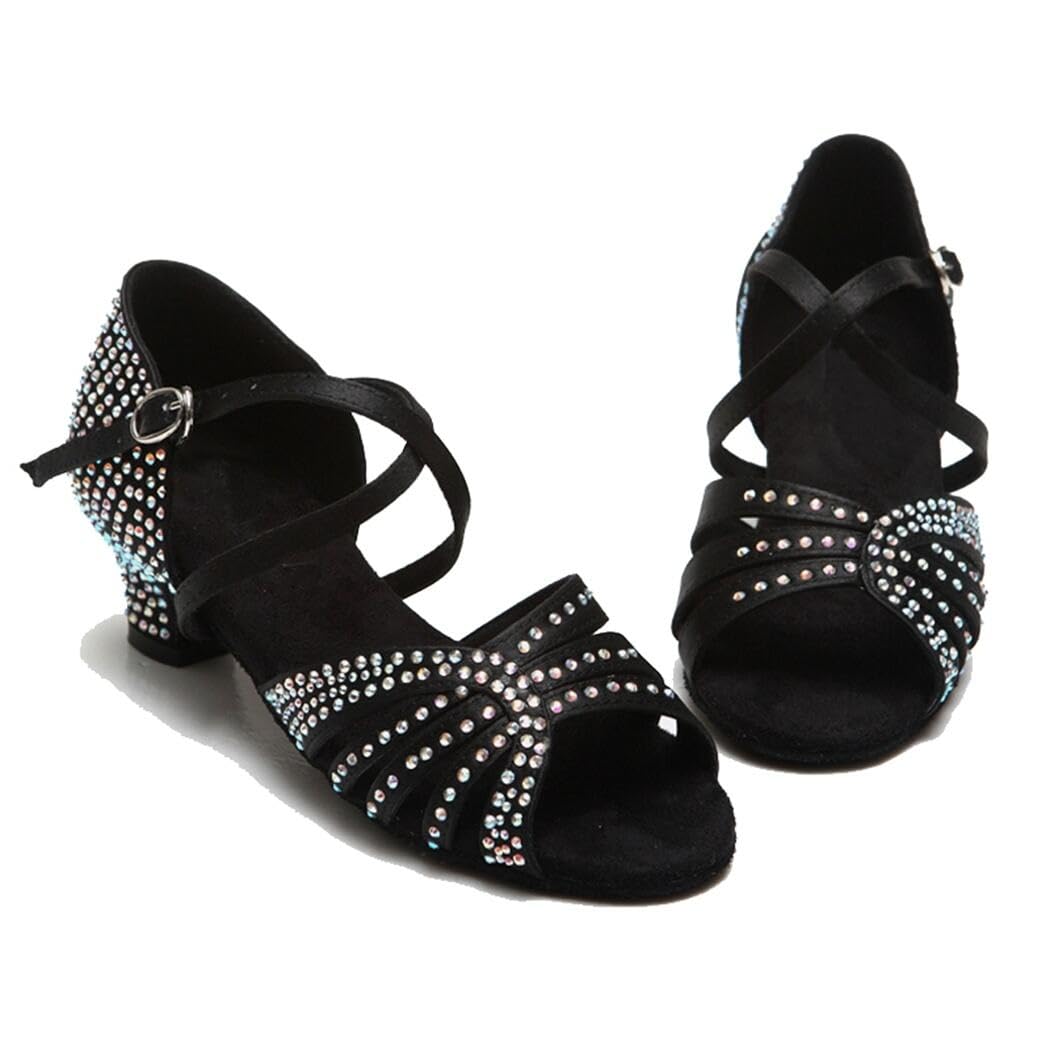 Mujer Gruesa Tacón Bajo Diamantes de Satén Salsa Práctica Salsa Baile Latino Zapatos de Baile Boda Praty Sandalias
