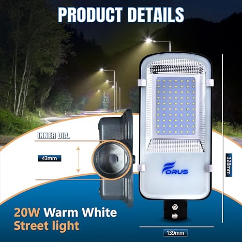 Image of Forus 20W LED Street Light with Clamp, IP66 Waterproof Outdoor LED Street Light, High Lumen 2400lm Warm White, Aluminium Body for Road, Parking Lot, Garden & Industrial Outdoor Lighting (1 Pc)
