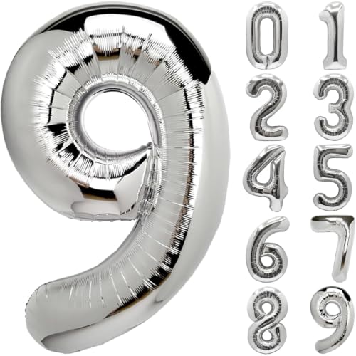 Image of Number Balloons Silver Party Balloon - Giant Number 9 Balloon, 40 Inch Large Balloon for Birthday Decorations, Silver Party Supplies for Anniversary