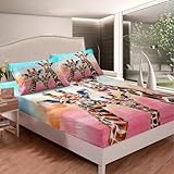 Giraffe Bed Sheet Set Safari Giraffe Family Bed Sheets for Kids Boys Adults Youth Colorful Geometric Stripe Decor Bedding Set Wild Animal Fitted Sheet with 1 Pillowcase 2Pcs Bedding Twin