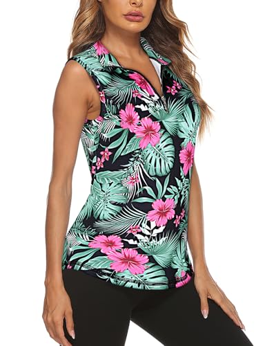 Image of Koscacy Women's Sleeveless Golf Tennis Polo Shirts Zip Up Dry Fit Workout Tank Tops Athletic Shirt