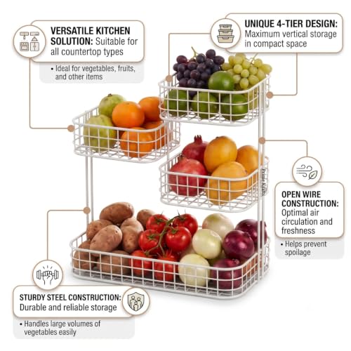 Image of 4 Tier Fruit Basket for Kitchen | Space Saving Decorative Kitchen Organizer | Multi-Layer Dining Table Organizer for Fruits, Snacks & Jars (4 Tier - White)
