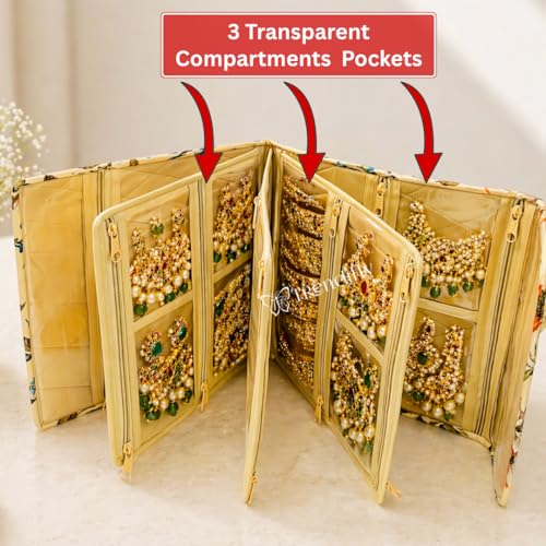 Image of Trendifly Cotton Blend Foldable Multipocket Jewellery Organizer Suitcase Women Embroidery Design Travelling Jewelry Sutcase Bag 5 Transparent Pockets Necklace Bangles Rings Girls (Flower Brown)