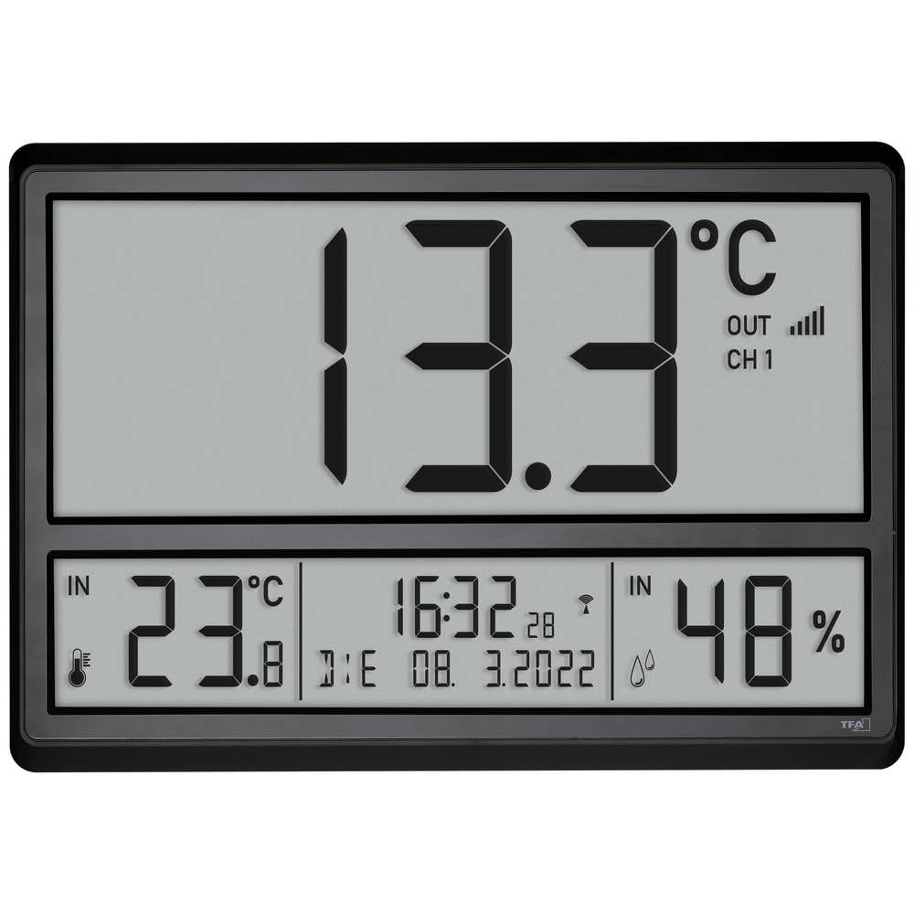 TFA Dostmann Orologio da Parete Digitale XL 60.4523.01, con Temperatura Esterna e Clima Ambiente, con sensore esterno, Orologio Radiocontrollato, Grande, Data Completa, Nero