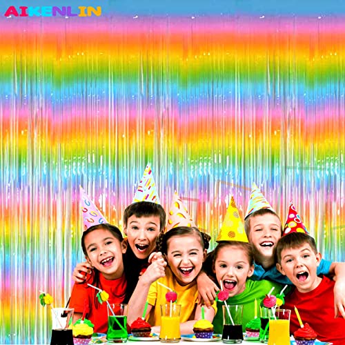 Image of 4 Pack 3.2Ft x 8.2Ft Rainbow Foil Fringe Curtain Backdrop, Colorful Metallic Tinsel Foil Fringe Streamers Curtains Background for Photo Booth, Birthday, Wedding, Easter Party Decoration