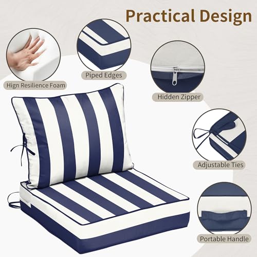 Image of 24x24 Outdoor Chair Cushions Set of 4, Waterproof Deep Seat Cushions for Patio Furniture with Removable Cover, Fade Resistant 4'' Outdoor Seat Cushion w /Ties&Handle for Sofa Loveseat,Blue Stripes