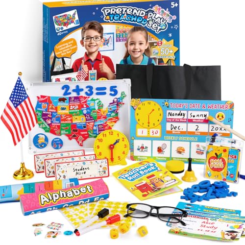 Alritz Pretend Teacher Playset, Role Pretend Play Kids School Toys Kit Include Map, Calendar, White Board Boys Girls Toys, Christmas Birthday Gift for Ages 5 6 7 8 9 10 11 12 13+