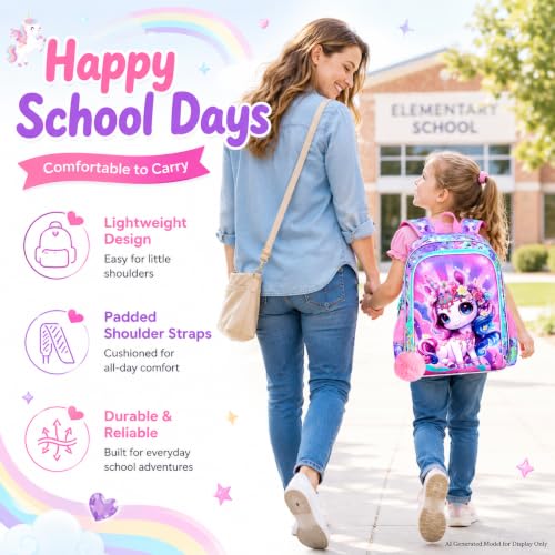 Image of Unicorn Backpack for Girls, 16 inch Kids Bookbag with Lunch Box,3Pcs School Backpacks for Elementary Preschool Kindergarten (Pink)