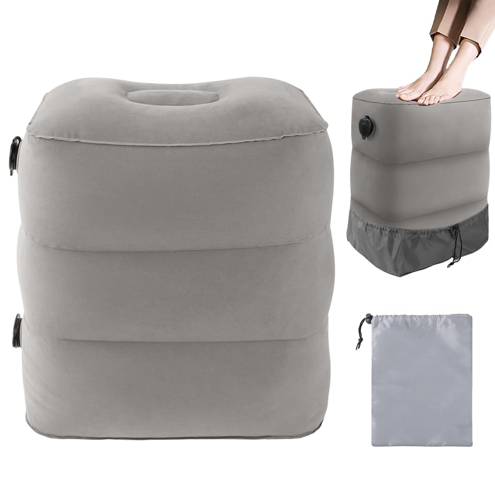 Ainiv Airplane Footrest, Adjustable Height Inflatable Foot Rest for Kids, Travel Leg Rest Pillow with Storage Bag & Dust Cover, Footrest Travel Essentials for Kids & Adults on Airplane, Office & Home