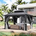 Aoxun 10' X 12' Hardtop Gazebo with Drainage System, Aluminum Outdoor Gazebo with Galvanized Steel Double Roof, Patio Permanent Metal Pavilion with 20 inch Ceiling Fan, for Garden, Deckyard, Grey