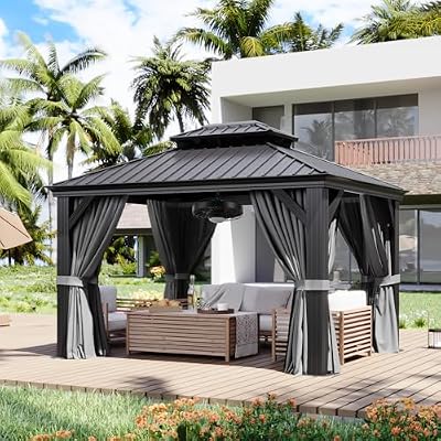 Aoxun 10' X 12' Hardtop Gazebo with Drainage System, Aluminum Outdoor Gazebo with Galvanized Steel Double Roof, Patio Permanent Metal Pavilion with 20 inch Ceiling Fan, for Garden, Deckyard, Grey