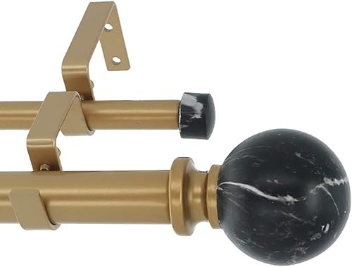 Meriville Barra de cortina de tratamiento de doble ventana de 1 pulgada de diámetro, acabado de bola de mármol negro, ajustable de 28 a 48 pulgadas,