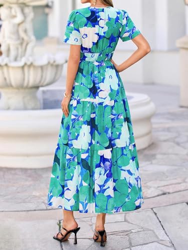 Image of BTFBM Womens Summer Floral Maxi Dresses V Neck Short Sleeve Boho Casual Flowy Long Wedding Guest Dress Beach Vacation