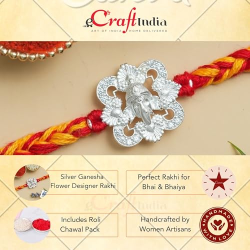 Image of eCraftIndia Silver Ganesha Rakhi for Brother Bhaiya Bhai with Best Bro Ever Fridge Magnet | Roli Chawal Pack