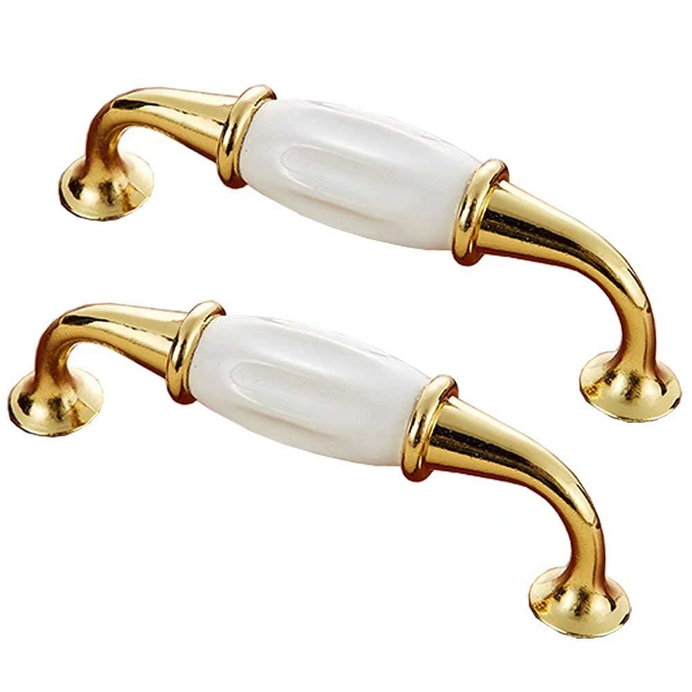 STNYANXD Antique White Stripes Ceramic Cabinet Knobs 5Pcs Golden Plated Cupboard Handles Hole Distance 128mm(Hole Distance 96mm)