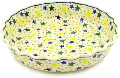 Polmedia Polish Pottery Fluted Pie Dish - Confetti Stars Pattern Handmade in Boleslawiec Poland by Ceramika Artystyczna + Certificate of Authenticity