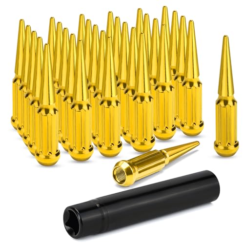 M12x1.5 Spike Lug Nuts, Set of 24 Glod Spline Spiked Lug Nut with Key for Dodge Ram 1500, Toyota Tundra, Chevrolet Tahoe 2000-2024, Ram 2500 1994-2024, 12x1.5 Acorn Solid Metal Truck LugNut