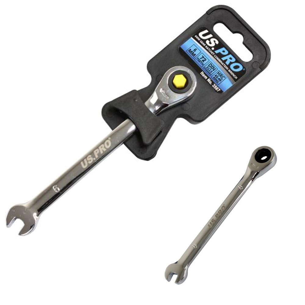 US PRO 6mm Chrome Gear Ratchet Combination Spanner, Polished Chrome