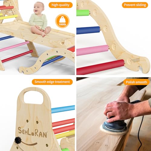 Image of Sehloran Large Size 8 in 1 Pikler Triangle Set with Pinball Game and Tent for Kids, Foldable Toddler Climbing Toys Indoor, Natural Wooden Montessori Climbing Set Jungle Gym with Arch&Ramp&Ladder