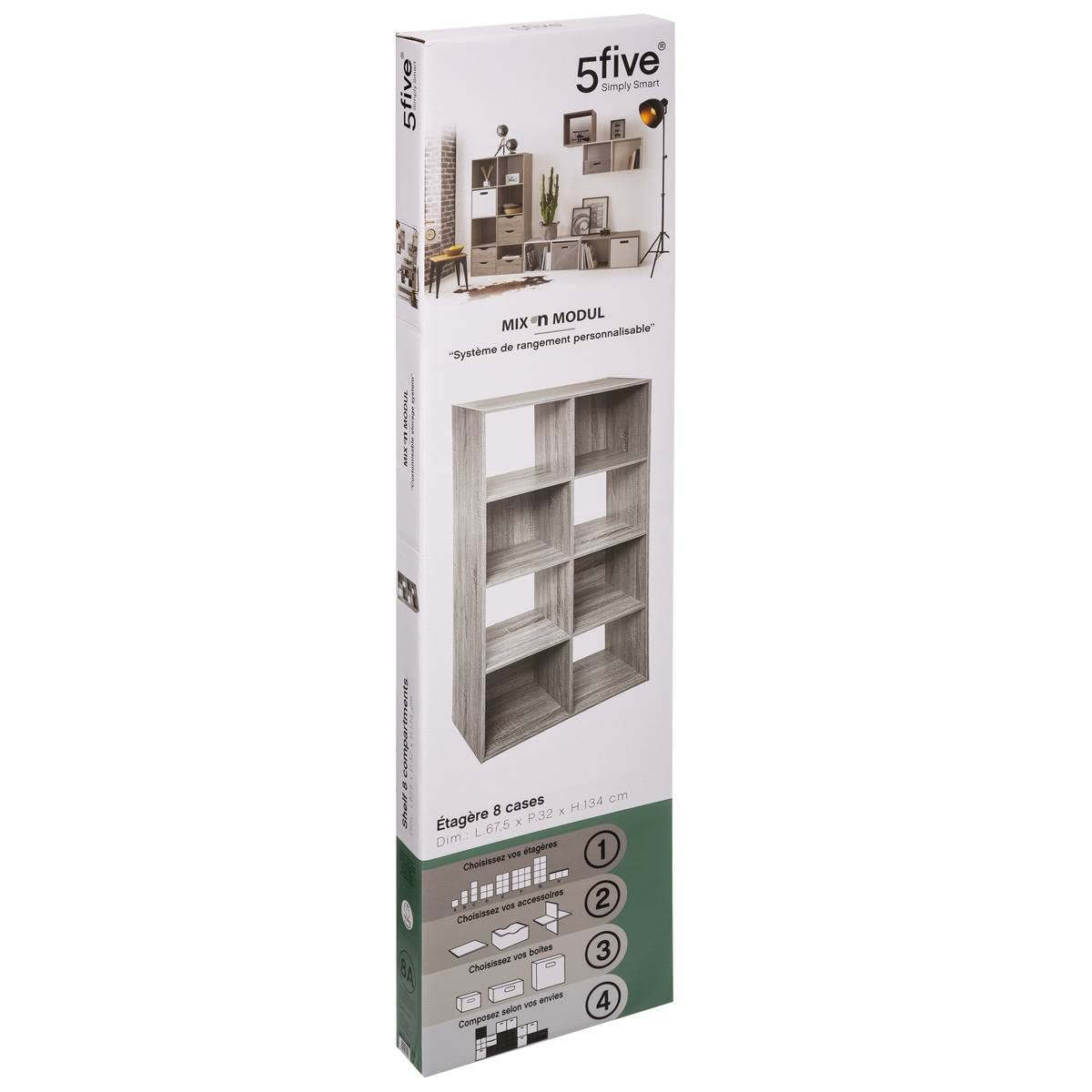 Five - Meuble Etagère de Rangement en Bois Gris 8 Cases Mix n' modul