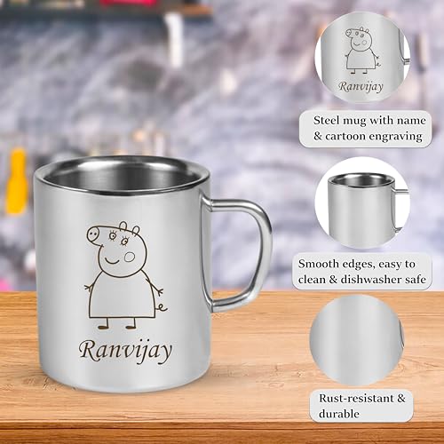 Image of SAVRI Personalized Stainless Steel Mug for Kids with Customized Name Engraved & Cartoon Design | 220 ml Double Wall Insulated Mug for School, Milk, Juice & Water