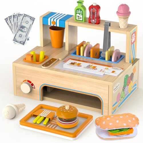 WOODMAM Sandwich Shop Holzspielzeug Montessori Spielzeug Küchenzubehör Kinderküche Kaufläden & Zubehör Rollenspiel-Geschenke für Jungen Mädchen ab 3 Jahre