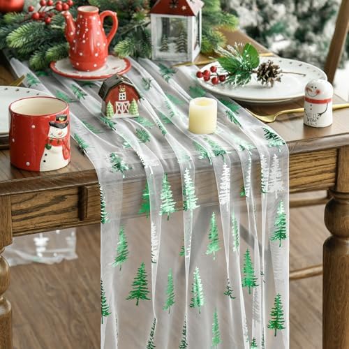 Artoid Mode Beige Green Christmas Tree Gauze Table Runner 120 Inc...