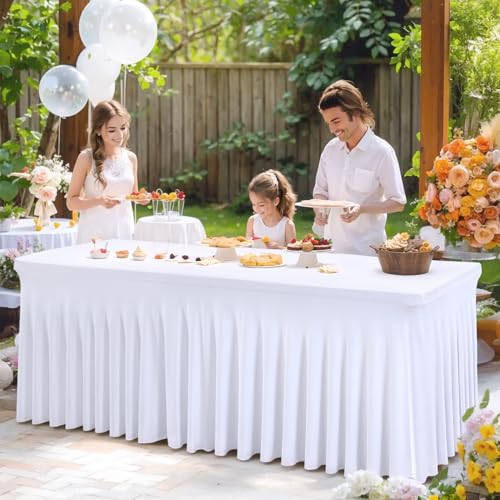 2 Packs White Spandex Table Clothes for 6 Foot Rectangle Table, Spandex Table Covers 6FT Stretch Table Skirts Rectangle Tables Wrinkle Free Fitted Table Cover for Event, Wedding, Banquet & Parties