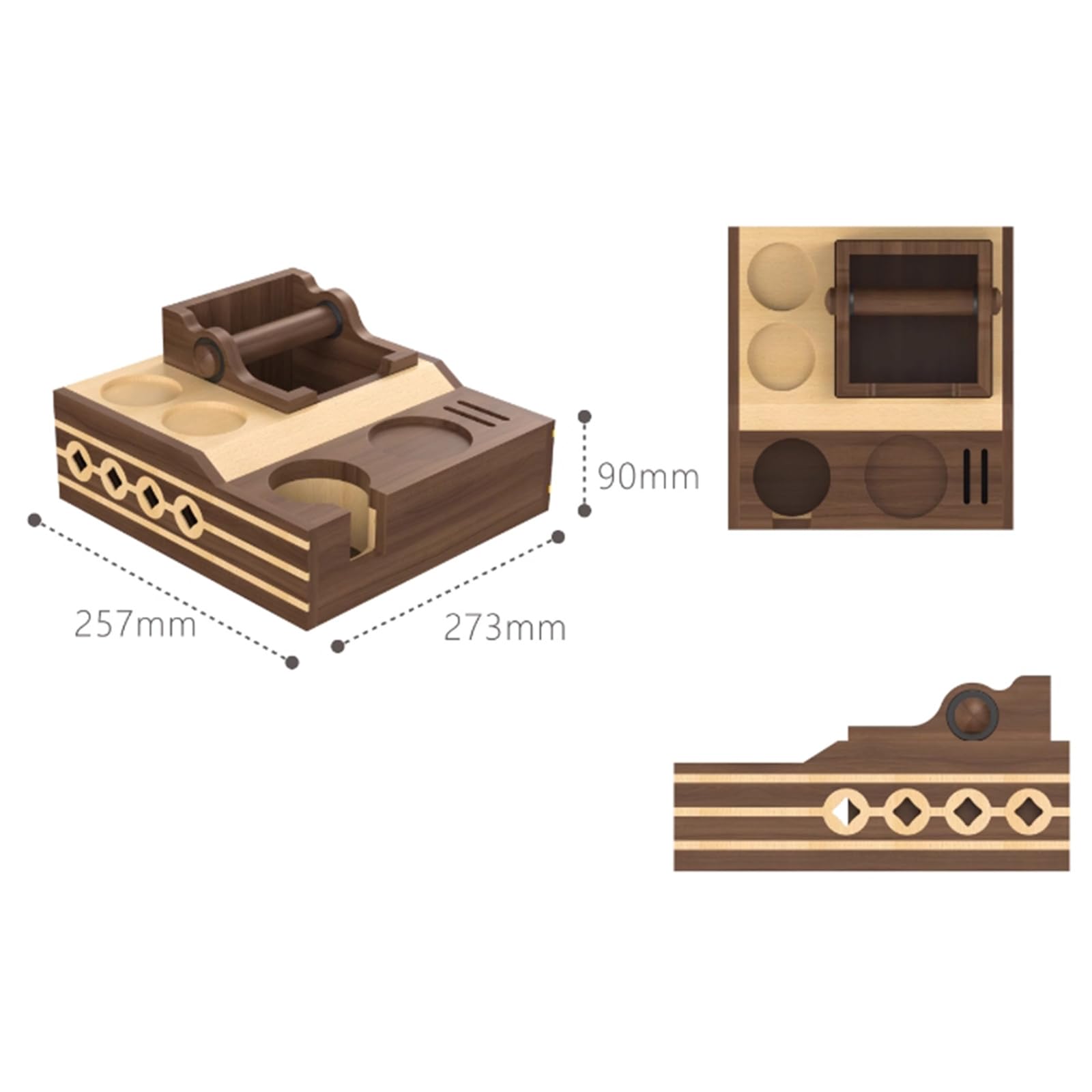 Espresso-Stopfstation, Holz-Kaffee-Organizer-Box mit Tamperhalter, Verteilerschlitz, Aufbewahrung für 51–58 mm Siebträger