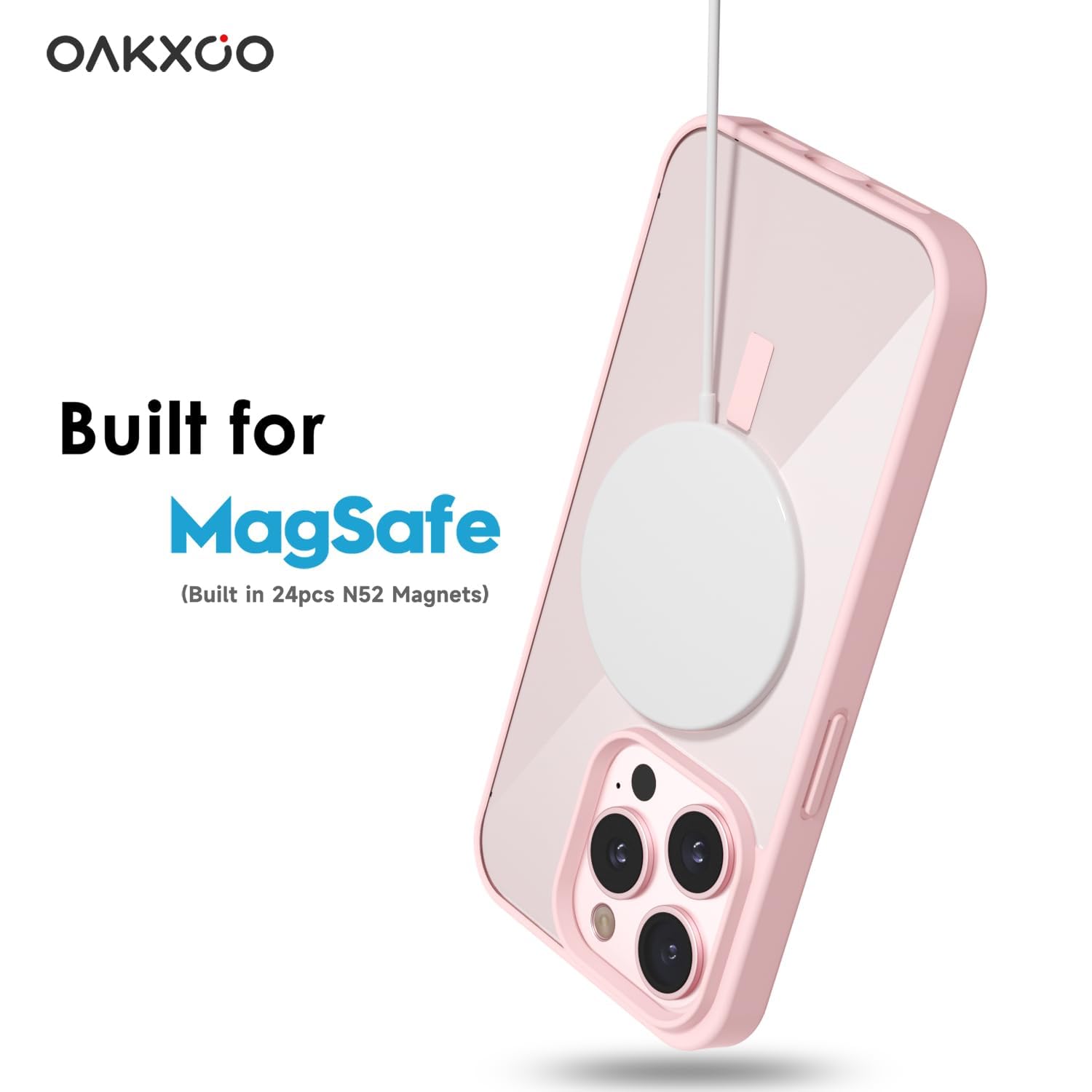 oakxco Funda magnética transparente para iPhone 15 Pro, compatible con carga Magsafe, funda protectora delgada para 15 Pro, a prueba de golpes, silicona suave TPU y policarbonato duro, arena rosa