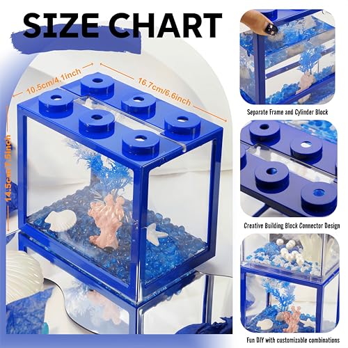 Image of Small Betta Fish Tank, Mini Fish Tank Aquarium Tank Kit with Blue Gravel & Resin Decorations, 0.6 Gallon Stackable Fish Bowl Tiny Desktop Aquarium for Sea Monkey Shrimp (Blue)