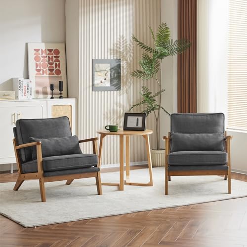 Image of Karl home Mid-Century Lounge Accent Chair, Gray | Wide Curved Armrest, Linen Fabric, Lumbar Pillow Included, Solid Wood Frame, For Living Room, Bedroom, Balcony, Apartment