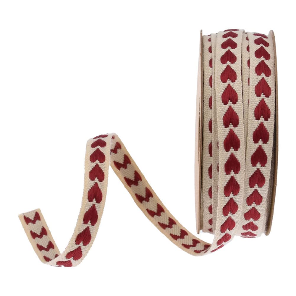Photo 1 of 1 Roll Beige Cotton Ribbon Roll with Red Heart Stitched Cotton Stitiched Ribbon Jacquard Jumper Webbing for DIY Crafts Wrapping Gifts, 3/8 inch x 10 Yards