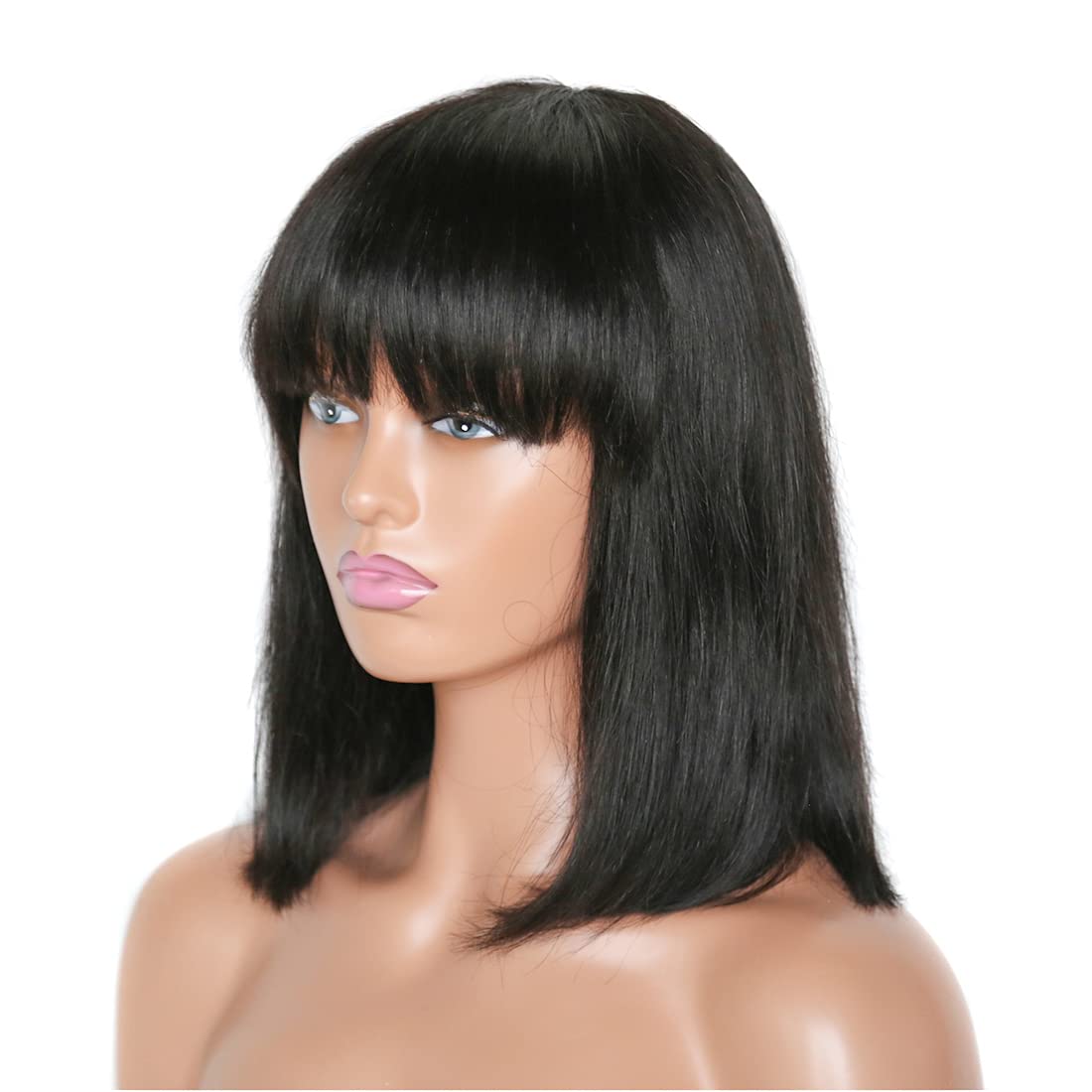 Parrucca Donna Capelli Veri Umani 10 Pollici (25 cm) Parrucche Capelli Veri Con Frangia Brasiliani Parrucca Bob Corta Liscia Straight Human Hair Wigs Densità 180% Nero Naturale