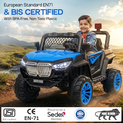 Image of Toyzone Buster Electric Jeep (Blue) | 12V Rechargeable Ride on with 8Ah Battery | Music Player with BT, USB & AUX | Smooth Acceleration | 6M Battery Warranty | Age 3-12 Years, Upto 50 kg