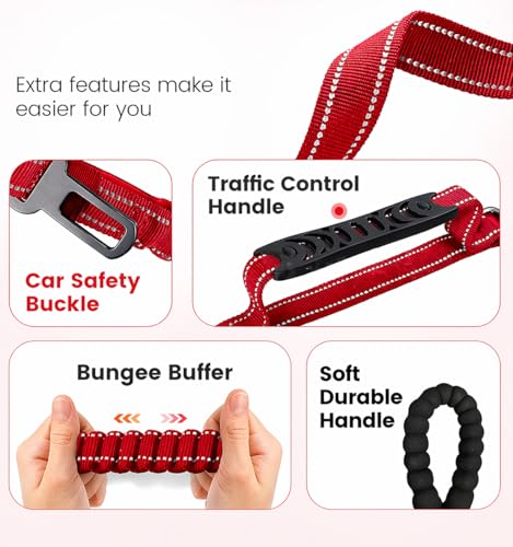 Image of 6-in-1 Tactical Dog Leash for Large & Medium Dogs, Heavy Duty Bungee Leash with Dual Handle, Reflective Shock Absorbing Nylon Training Leash with Car Seat Belt (Red)
